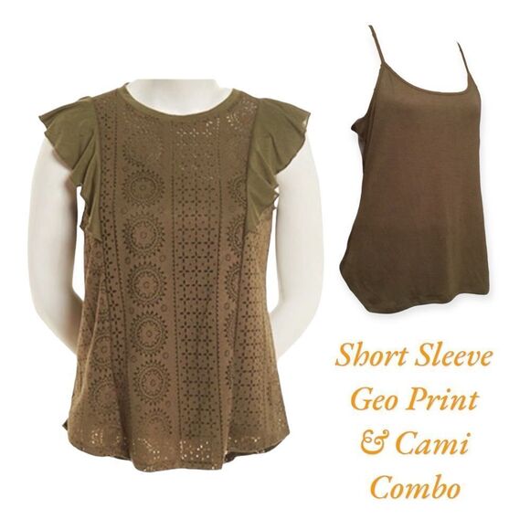 Khaki Green Short Sleeve Geo Design Matching Cami Combo Tops NEW - Picture 3 of 3